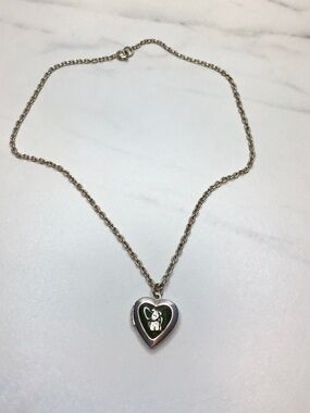 Vintage Puppy Dog Heart Locket Pendant Necklace Warm Silver Tone